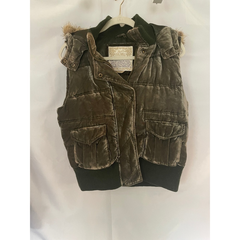 Old Navy Womens Olive Green Velvet Puffer Vest Faux Fur Trim Hood Large Y2K